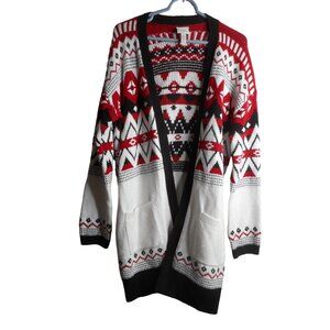 Abstract Aztec Red black white Duster Cardigan Size L w/ pockets knit cotton ble